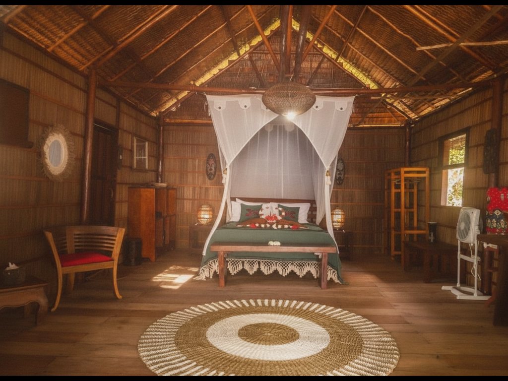 Deluxe cottage interior with four-poster bed