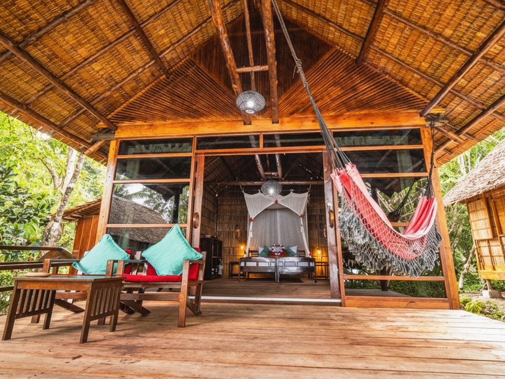 Garden view cottage terrace with hammock