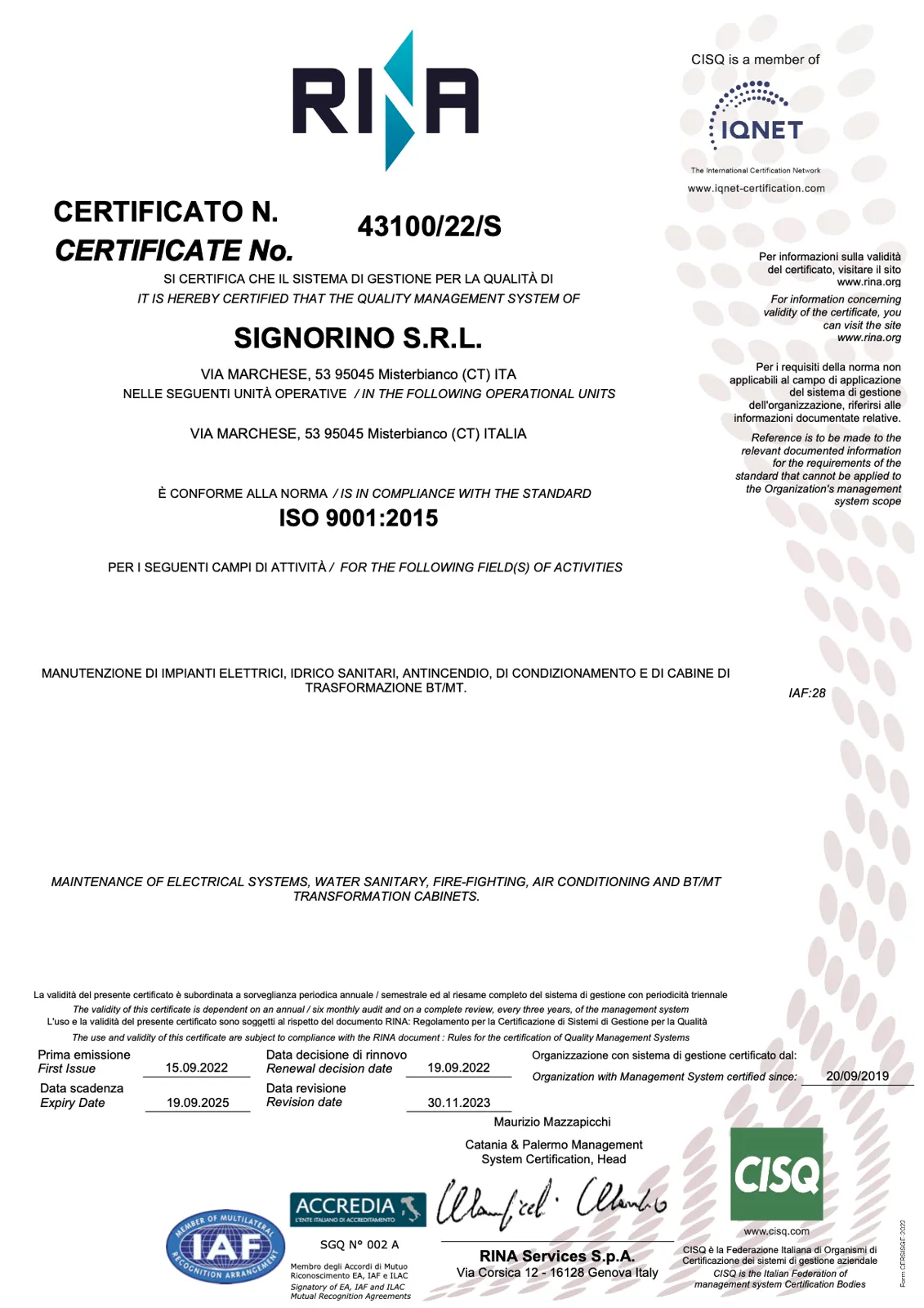 Certificato ISO 9001:2015 – sistema di gestione per la qualità (RINA)
