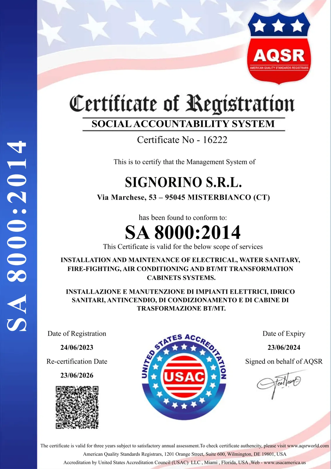 Certificato SA 8000:2014 – responsabilità sociale (AQSR)