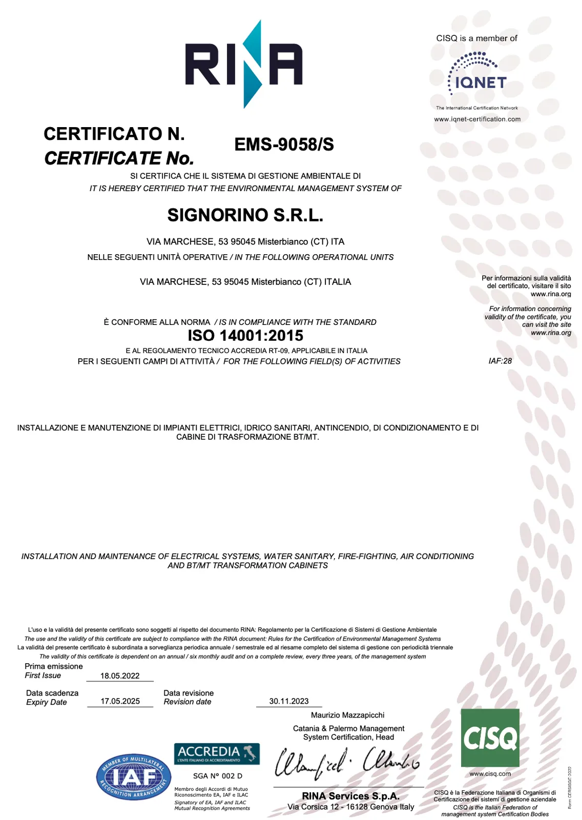 Certificato ISO 14001:2015 – sistema di gestione ambientale (RINA)