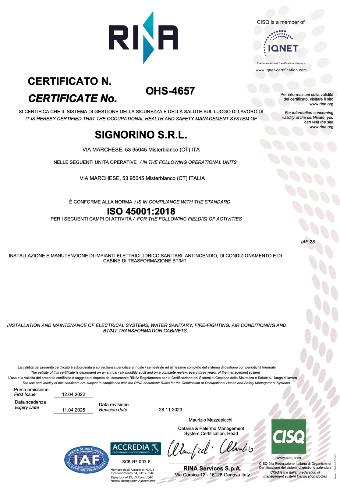 Certificato ISO 45001:2018 – salute e sicurezza sul lavoro (RINA)