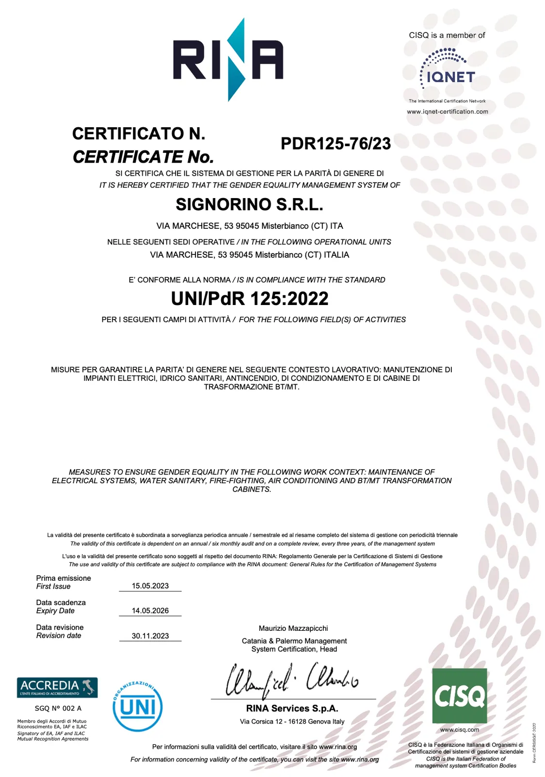 Certificato UNI/PdR 125:2022 – parità di genere (RINA)