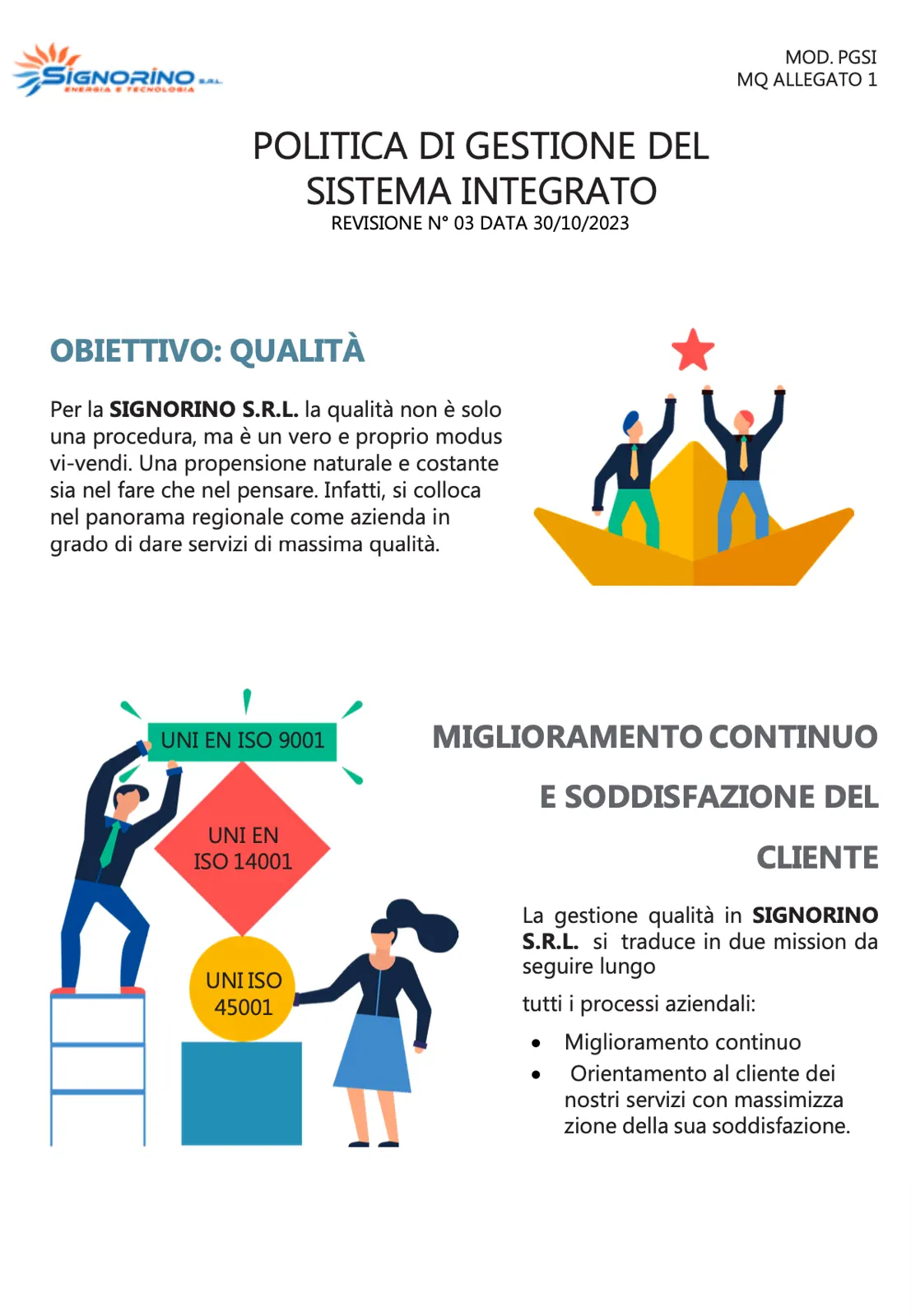 Politica aziendale: obiettivo qualità